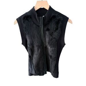 Frost Black Knit & Rabbit Fur Panel Sleeveless Vest Zip Front Size M